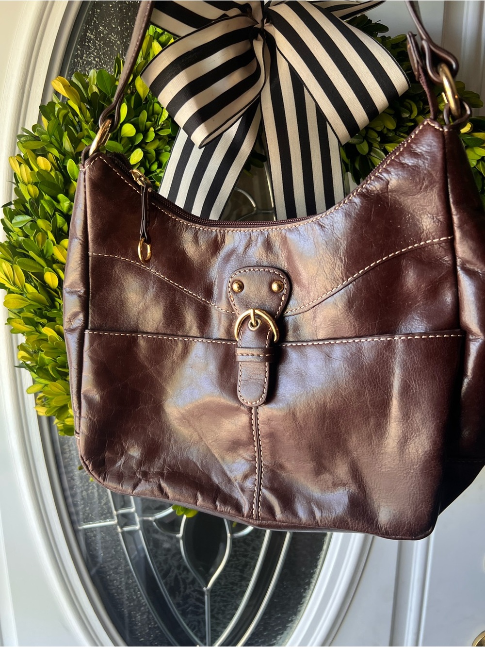 Aurielle Dark Brown Leather Shoulder Bag with Gold Hardware